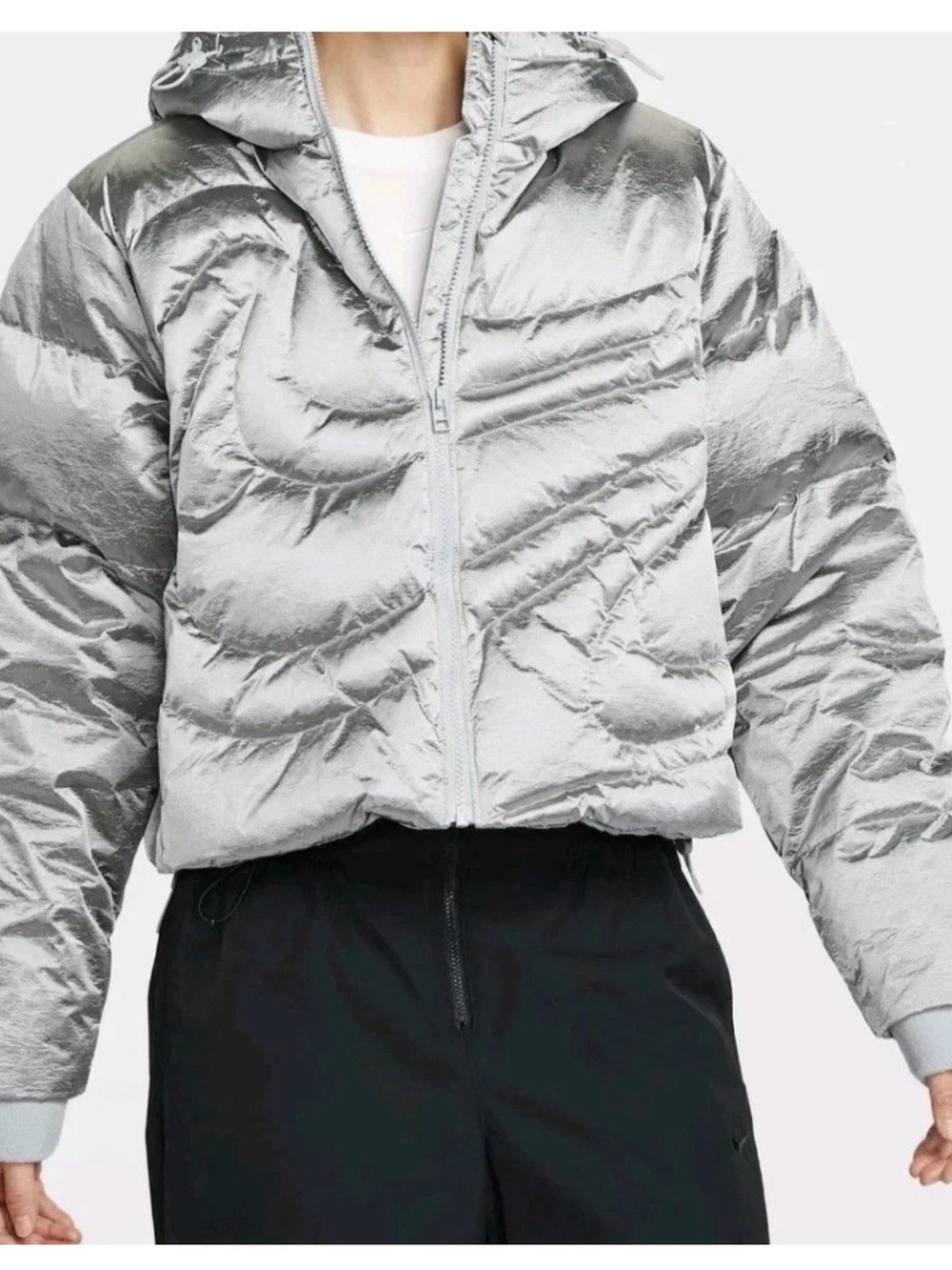Womens XS $275 Nike Therma-FIT Oversized Down Puffer Jacket Silver IB2003-095